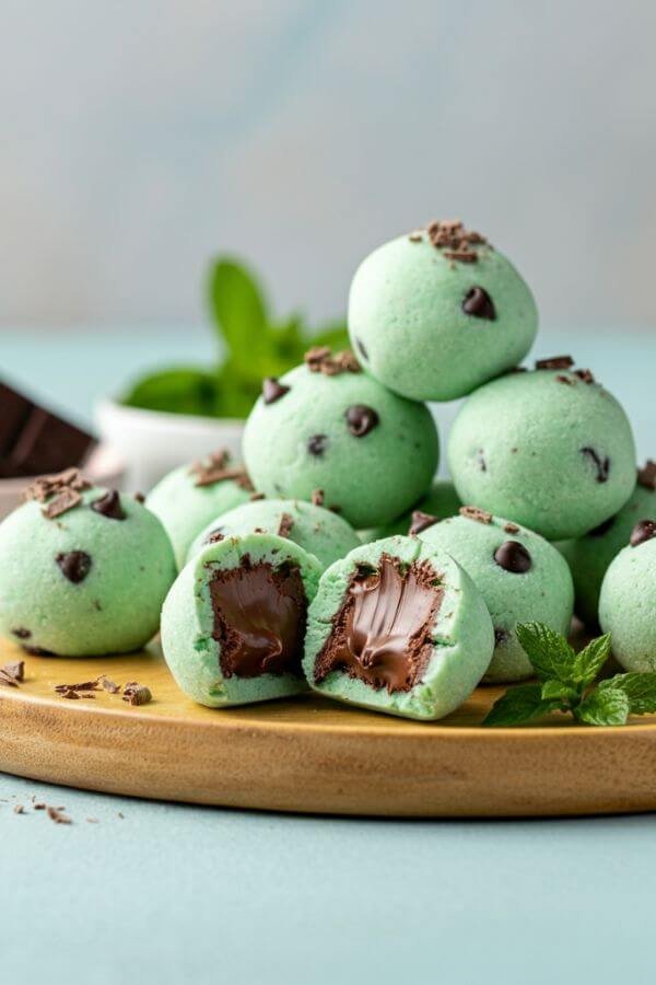 A light wooden platter holding mint chocolate chip bites, with some bites cut open to reveal their soft, chocolatey center. Garnish with a sprig of fresh mint and a few chocolate shavings for an inviting look.