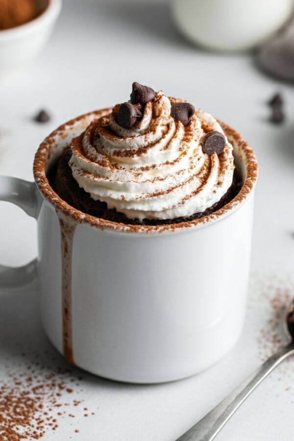 A cozy, warm mug cake in a brightly white mug, topped with a swirl of whipped cream, a sprinkle of chocolate chips, and a dusting of cocoa powder. The mug is placed on a white table with a spoon beside it, surrounded by scattered cocoa powder and a small bowl of flour