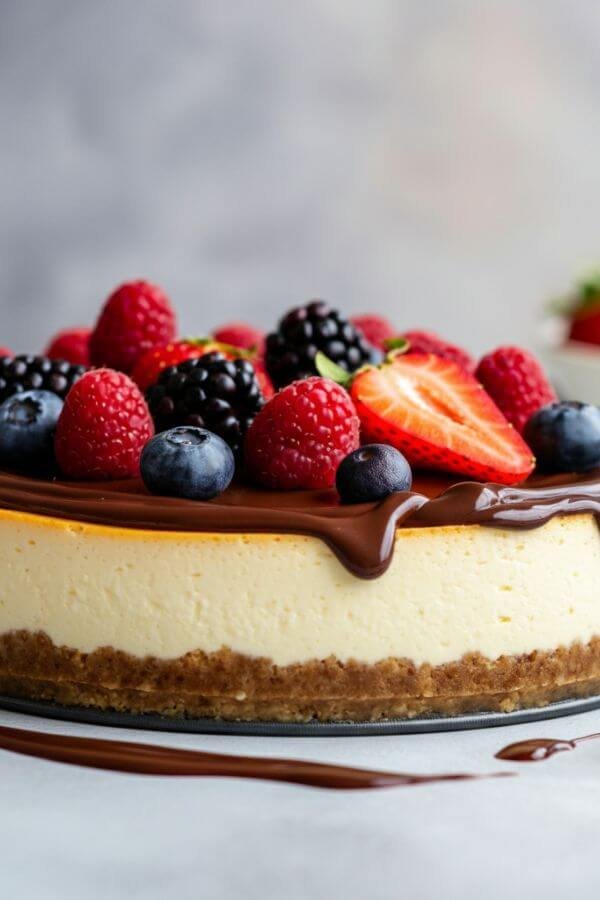 A creamy, no-bake cheesecake with a golden graham cracker crust, topped with vibrant fresh berries and a drizzle of chocolate sauce, placed on a white table.