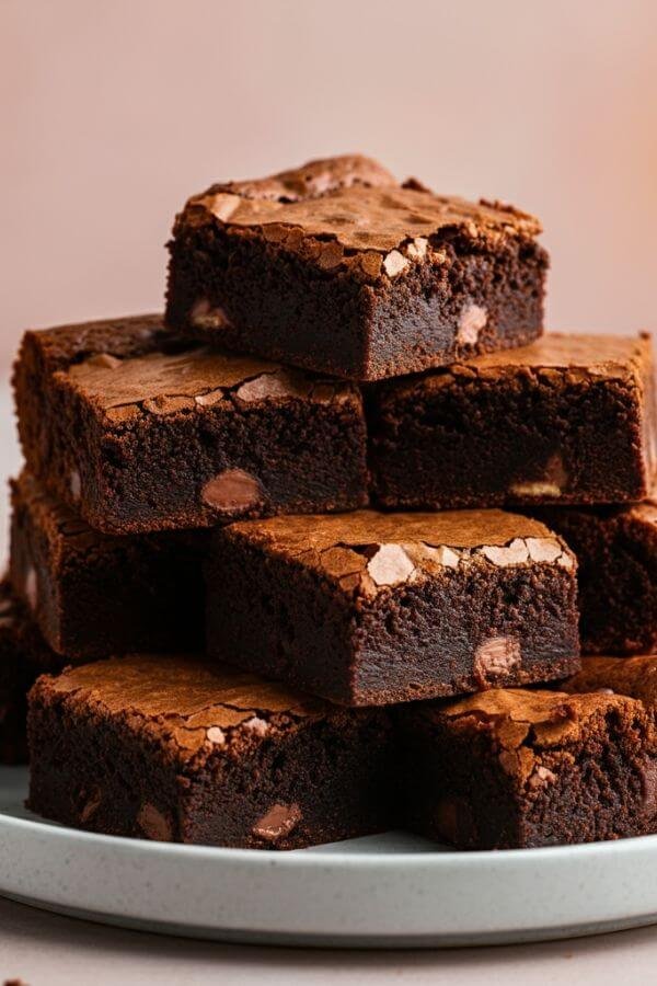 A plate of rich, gooey Nutella brownies stacked neatly on top of each other with a glossy, slightly cracked top.