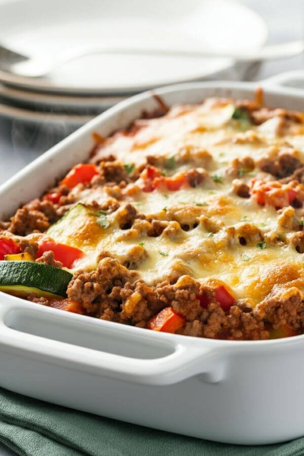 A white casserole dish filled with browned ground beef, vibrant veggies like zucchini and bell peppers, topped with golden, bubbly mozzarella cheese, fresh out of the oven with steam rising.