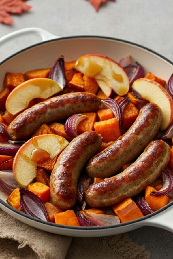 A close look of A white one-pan dish featuring golden-brown maple sausage links nestled among caramelized apple slices, sweet potato chunks, and red onion, glistening with maple syrup. The backdrop is a wooden table with autumn leaves and a cozy napkin, emphasizing warm fall vibes.