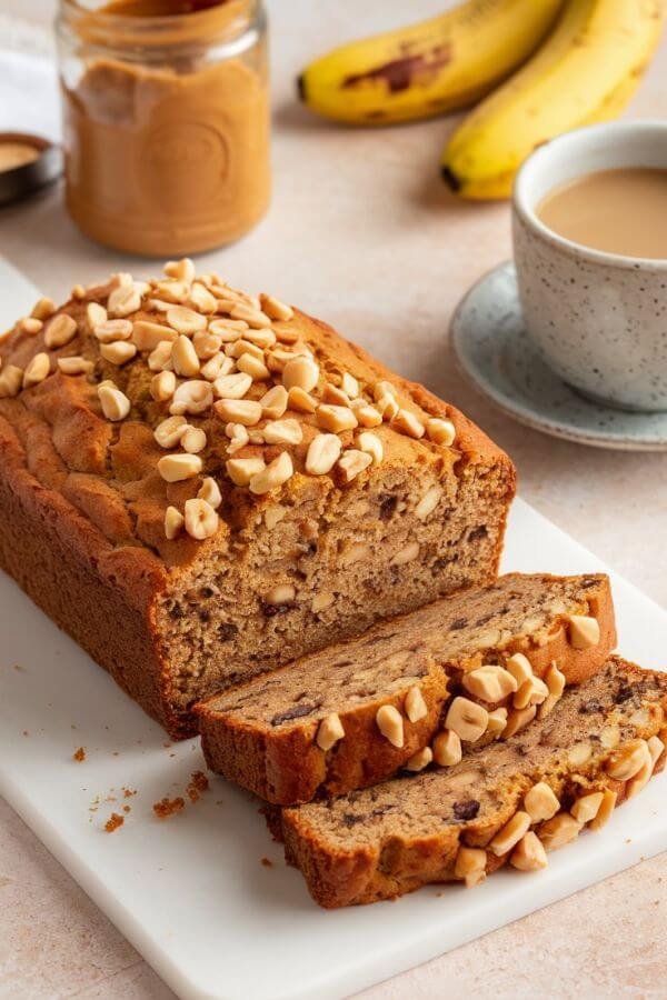 A close look of A warm, golden-brown loaf of banana bread on a white cutting board, topped with a sprinkle of chopped peanuts. Slices are laid out, revealing the moist, nutty interior. A jar of peanut butter, a few ripe bananas, and a cup of coffee sit in the background for a cozy vibe.