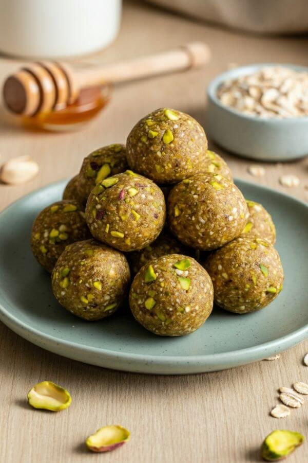 A close look of A plate of perfectly rolled pistachio energy balls placed on a light wooden table. Surround the plate with scattered pistachios, oats, and a drizzle of honey for a cozy, inviting vibe. Use soft natural lighting to highlight the vibrant green of the pistachios and the texture of the energy balls.