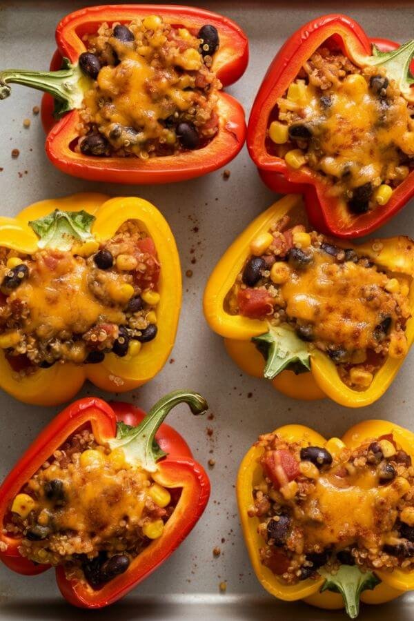 A vibrant, overhead shot of six halved bell peppers stuffed with a colorful mix of quinoa, black beans, corn, and diced tomatoes, garnished with melted cheddar cheese on top. The peppers sit on a white baking tray with a sprinkle of cumin and paprika nearby.