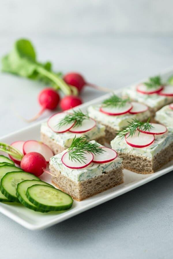 A close look of white platter with small, neatly cut radish and cucumber sandwiches, garnished with sprigs of dill and a few sliced radishes and cucumbers on the side.