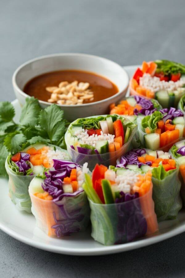 A colorful platter of fresh spring rolls arranged neatly on a white dish, showcasing their vibrant layers of red cabbage, carrots, cucumbers, and bell peppers. A small dipping bowl of peanut sauce or soy sauce sits nearby, garnished with a sprig of cilantro.