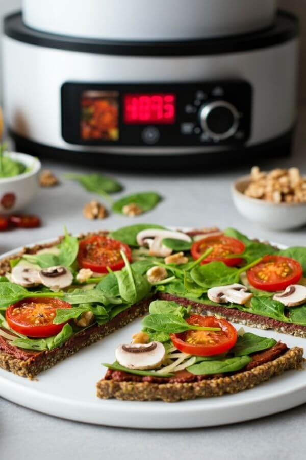 A vibrant raw pizza with a thin, nut-based crust, topped with a rich layer of sun-dried tomato paste, fresh slices of tomatoes, bell peppers, mushrooms, and a handful of greens like spinach or arugula. The setting is bright and inviting, with a white dish featuring small bowls of colorful toppings and a dehydrator or oven in the background. The pizza is sliced and ready to serve, exuding a fresh, healthy, and handmade feel.