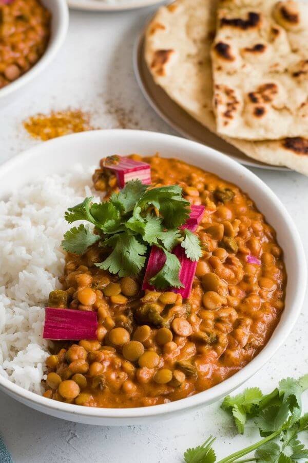 A vibrant bowl of lentil curry topped with fresh cilantro, with chunks of bright pink rhubarb peeking through. Serve it with a side of steaming white rice and naan, placed on a white table with a sprinkle of spices in the background for extra appeal.