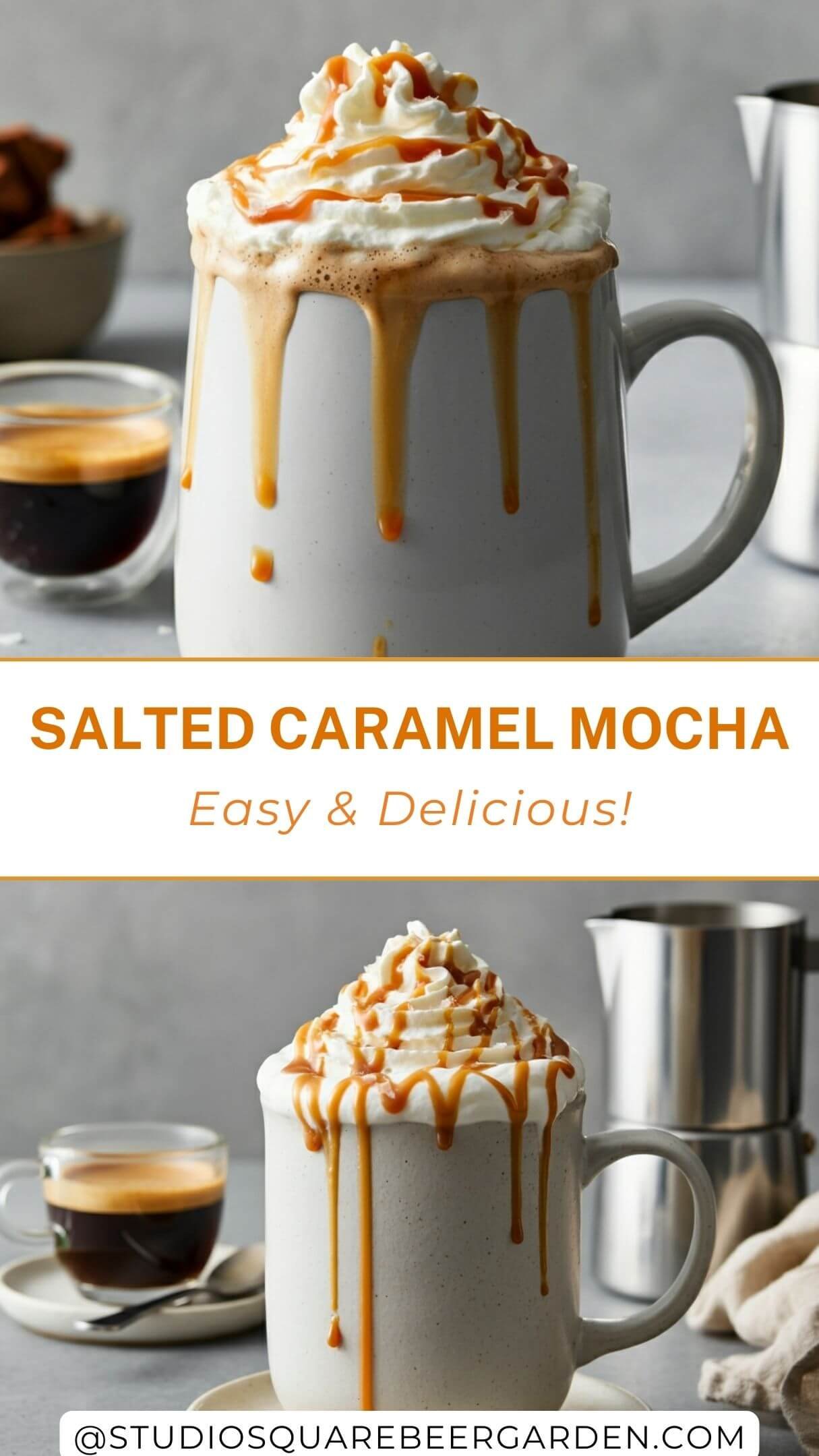 This homemade salted caramel mocha is rich, creamy, and topped with whipped cream & sea salt for the perfect balance of sweet & salty flavors. A coffee shop favorite you can make at home in minutes! Try this easy DIY Starbucks copycat recipe today!