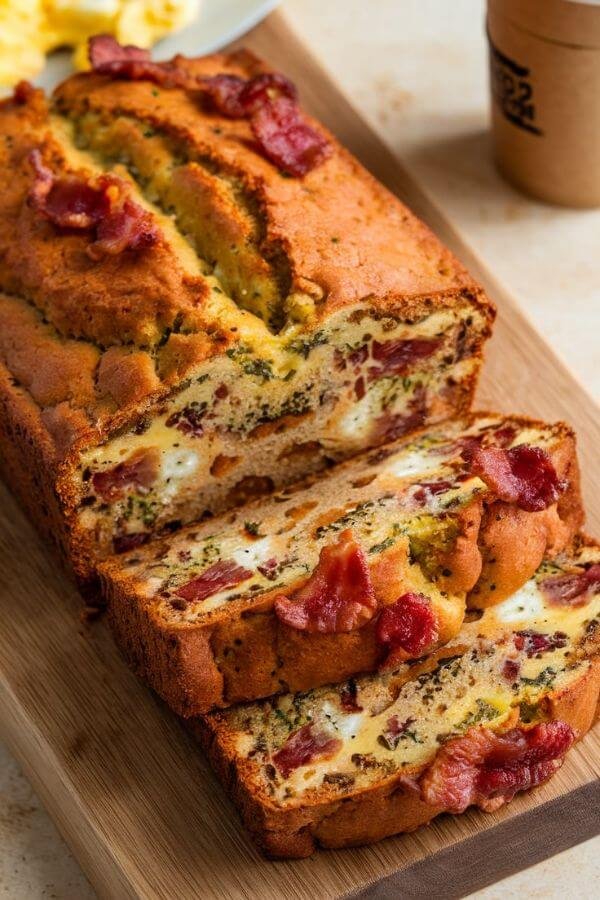 A rustic loaf of golden-brown banana bread, sliced to reveal specks of melted cheese, herbs, and crispy bacon bits, served on a wooden cutting board with a side of scrambled eggs and coffee.