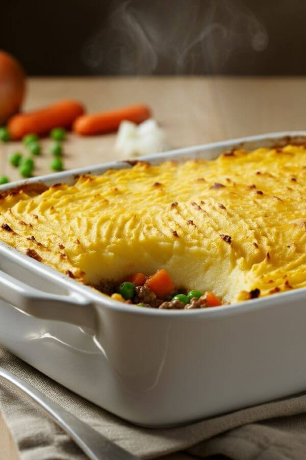 A comforting Shepherd’s Pie fresh out of the oven, with golden, crispy mashed potato topping lightly browned and sprinkled with melted cheddar cheese. The dish is displayed in a white baking dish on a light wooden table, surrounded by fresh ingredients like diced onions, chopped carrots, peas, and a spoon resting nearby. Steam rises gently from the pie, emphasizing its warmth and savory aroma.