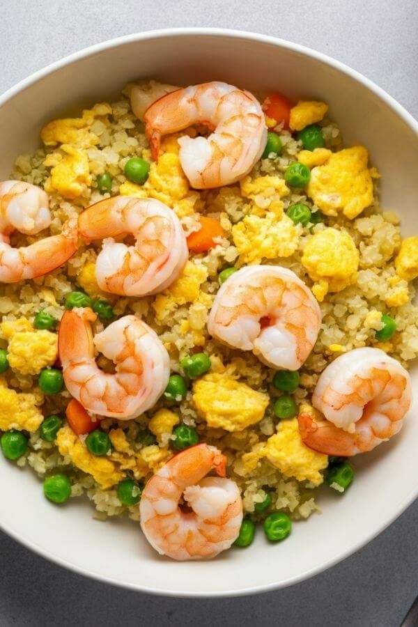 A close look of A vibrant top-down photo of a freshly prepared Shrimp and Cauliflower Fried Rice served in a large white bowl. The dish is colorful, showcasing plump pink shrimp, golden scrambled eggs, and a mix of cauliflower rice with peas and carrots. The setting is clean and minimal, with soft natural lighting highlighting the textures and colors of the meal.