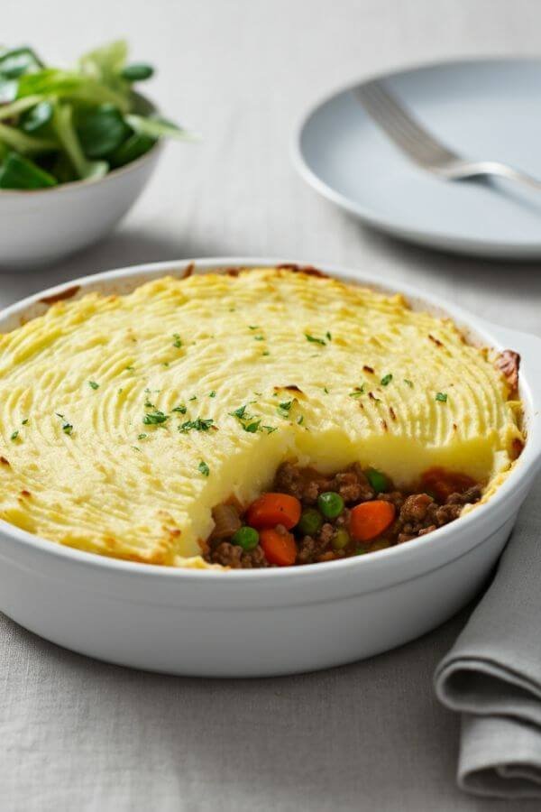 A freshly baked shepherd’s pie in a white ceramic dish, with a golden, slightly crispy mashed potato topping. The pie is garnished with a sprinkle of melted cheese and a touch of parsley for color. The filling is visible on one side, showcasing a hearty mix of ground beef, carrots, peas, and onions. The table is set with a green salad in a side bowl, a fork, and a napkin, with soft natural lighting emphasizing the comfort and warmth of the dish.