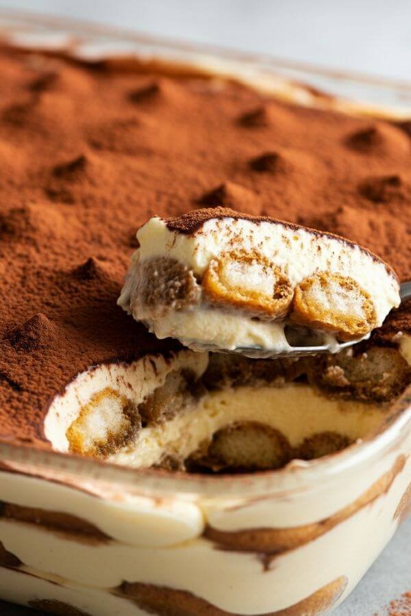 A close-up of a layered tiramisu in a glass dish, with creamy mascarpone layers alternating with espresso-soaked ladyfingers. The surface is evenly dusted with cocoa powder, and a spoon is slightly dipped into the creamy top layer. Add soft lighting to highlight the texture and create a cozy, elegant feel.