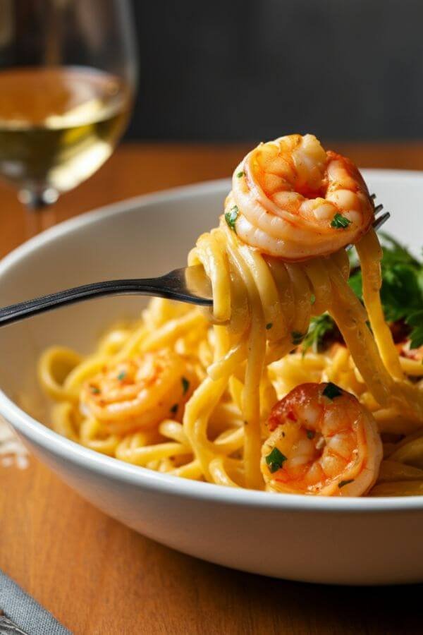 A bowl of pasta twirled on a fork, topped with plump, spicy shrimp and creamy sauce, garnished with fresh parsley. The dish is set against a light wooden table with a sprinkling of Parmesan and a glass of white wine nearby.