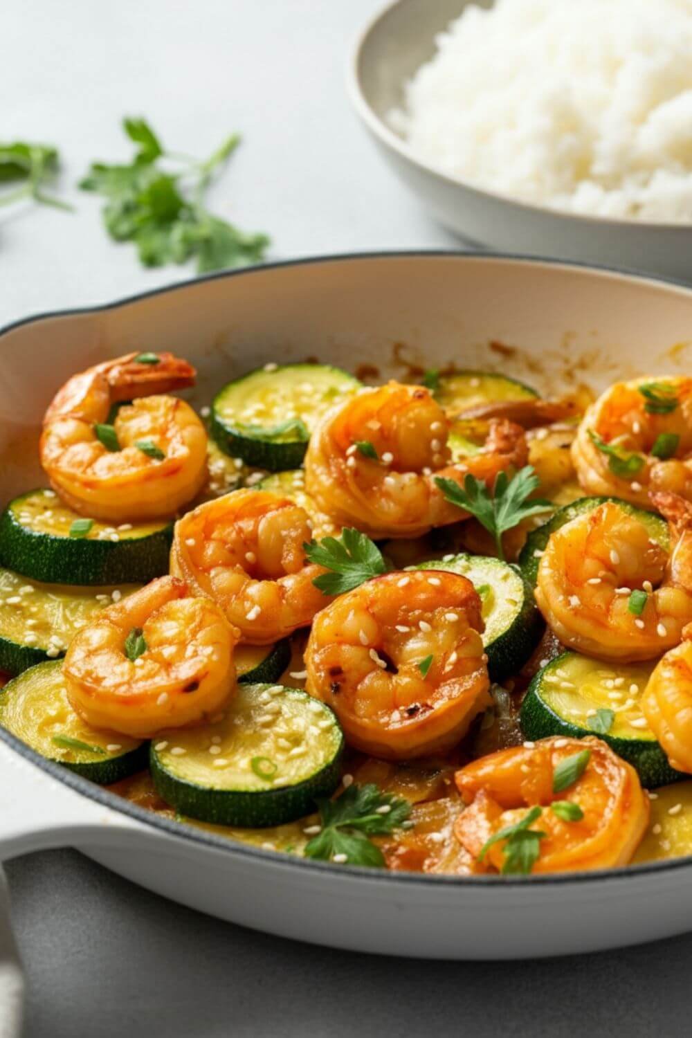 A vibrant white skillet filled with golden-brown shrimp, bright green zucchini  half-moons slices, and a glossy, spicy sauce. Garnish with a sprinkle of sesame seeds and fresh parsley, with a side of fluffy rice or noodles. Bright natural lighting and a clean, minimal table setting.