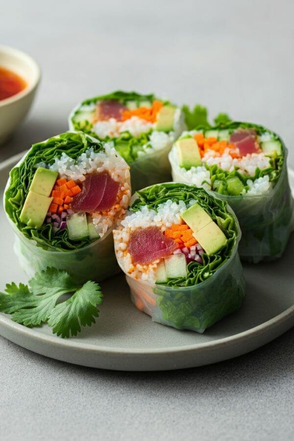 A plate of fresh spring rolls cut in half to reveal vibrant layers of spicy tuna, avocado, cucumber, and carrots. The rolls are garnished with cilantro and served alongside a small bowl of dipping sauce.