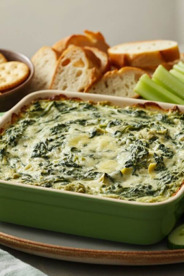 A Slight green baking dish filled with creamy spinach and artichoke dip, bubbling at the edges. Surround it with a colorful spread of crackers, sliced baguette, and vibrant green veggies like cucumber and celery sticks for dipping.