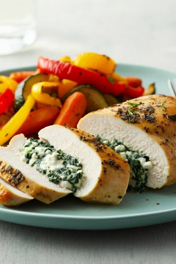 A close look of A golden brown chicken breast sliced open to reveal a creamy spinach and goat cheese filling, garnished with fresh herbs. Served with a side of roasted vegetables for a vibrant, wholesome meal.