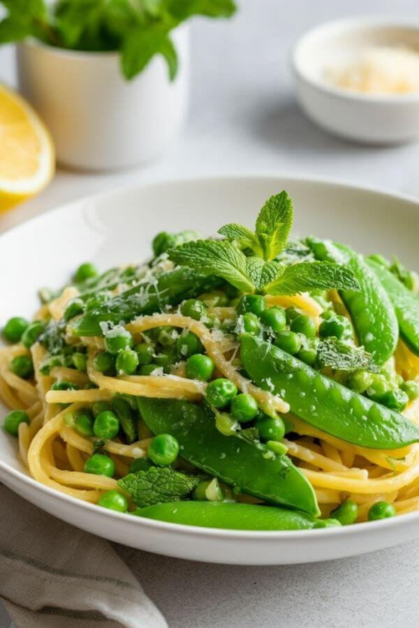 A bowl of glossy pasta topped with vibrant green peas, flecks of fresh mint, and a generous sprinkle of Parmesan cheese. The dish is presented in a white bowl on a white table, surrounded by a lemon wedge, a sprig of mint, and grated Parmesan in the background.