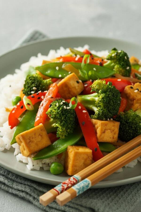 A vibrant plate of stir-fry featuring colorful broccoli, snap peas, red bell peppers, and carrots mixed with golden tofu, served over fluffy white rice. Garnished with sesame seeds and chopped green onions, with chopsticks on the side.