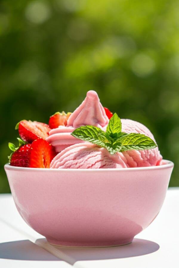 A creamy pink bowl of strawberry frozen yogurt, garnished with fresh strawberries and a sprig of mint, sitting on a white table with a summery backdrop.