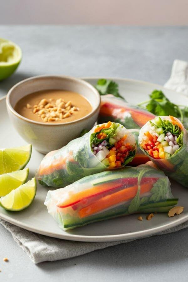 A fresh, vibrant plate of Thai peanut spring rolls on a white dish, filled with colorful veggies and herbs, served with a small bowl of creamy peanut sauce. Garnish with lime wedges and a sprinkle of crushed peanuts.