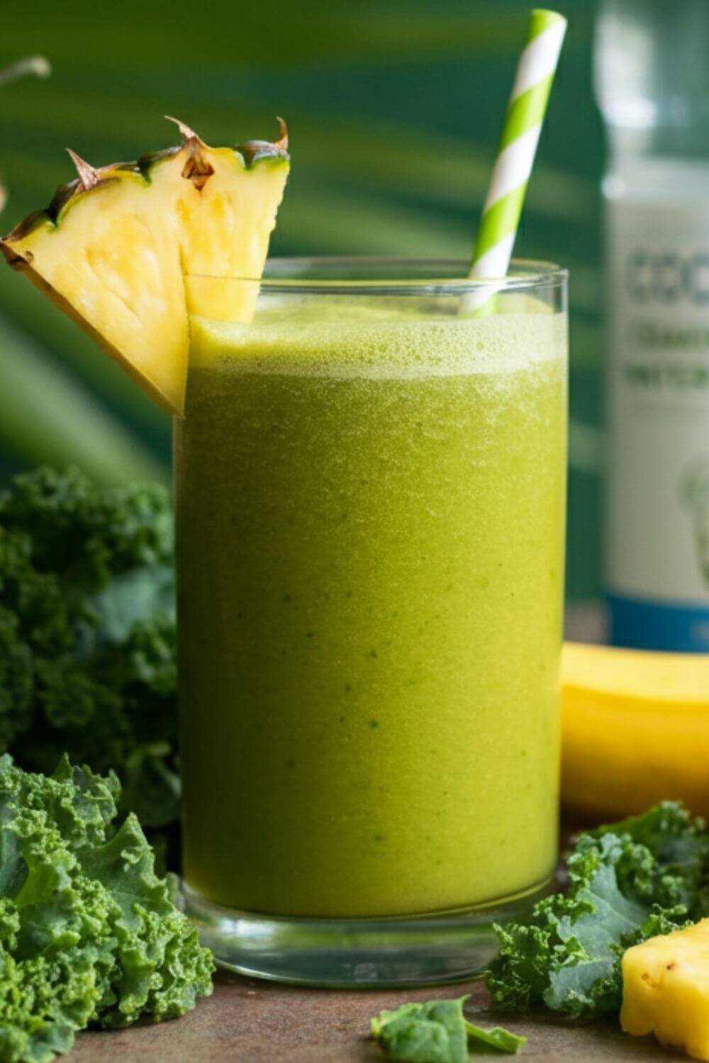 A vibrant smoothie in a clear glass, set against a tropical backdrop with fresh kale leaves, pineapple chunks, mango pieces, and a banana arranged around it. The smoothie is a rich green color, topped with a garnish of a pineapple wedge and a straw. Coconut water in the background with soft natural lighting enhancing the tropical feel.