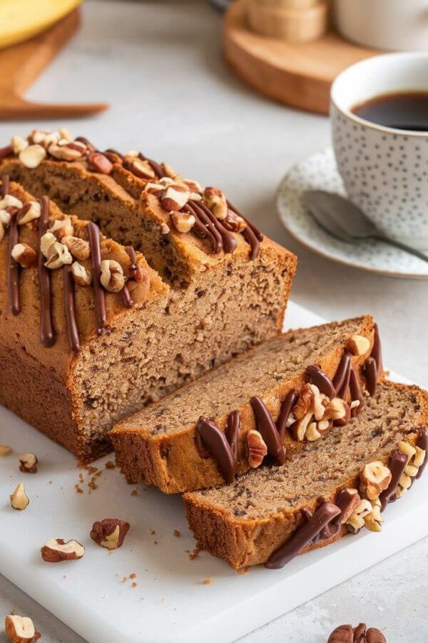 A close look of A golden loaf of vegan banana bread sits on a white cutting board, with slices fanned out to reveal its moist texture. Garnish with a sprinkling of chopped nuts or a drizzle of vegan chocolate for extra appeal. Background includes a cup of coffee and a cozy kitchen setting.