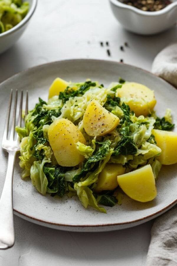 A cozy, rustic plate featuring soft, slight -green sautéed cabbage and tender potatoes. The dish is lightly glistening with olive oil, alongside a sprinkle of cracked black pepper, on a white table with a fork and a linen napkin.