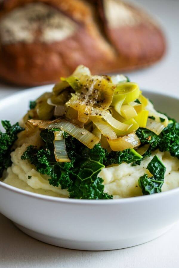 A white bowl of creamy mashed potatoes mixed with vibrant green kale and golden sautéed leeks, served with a sprinkle of fresh pepper. The dish is set on a white table with a loaf of crusty bread in the background.