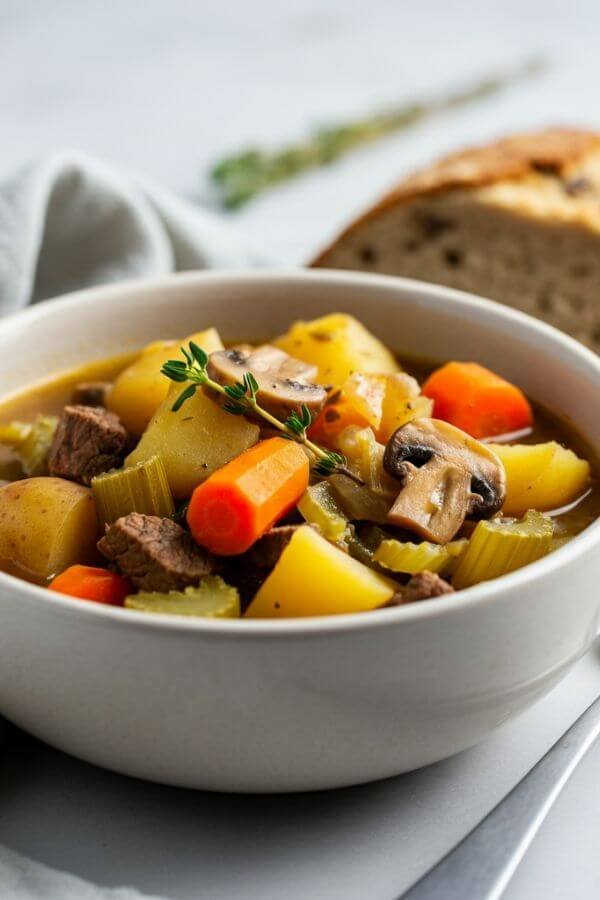 A steaming bowl of hearty vegan Irish stew filled with colorful vegetables (potatoes, carrots, celery, and mushrooms) in a rich broth. Garnish with a sprig of thyme and serve alongside a rustic slice of soda bread on a white table.