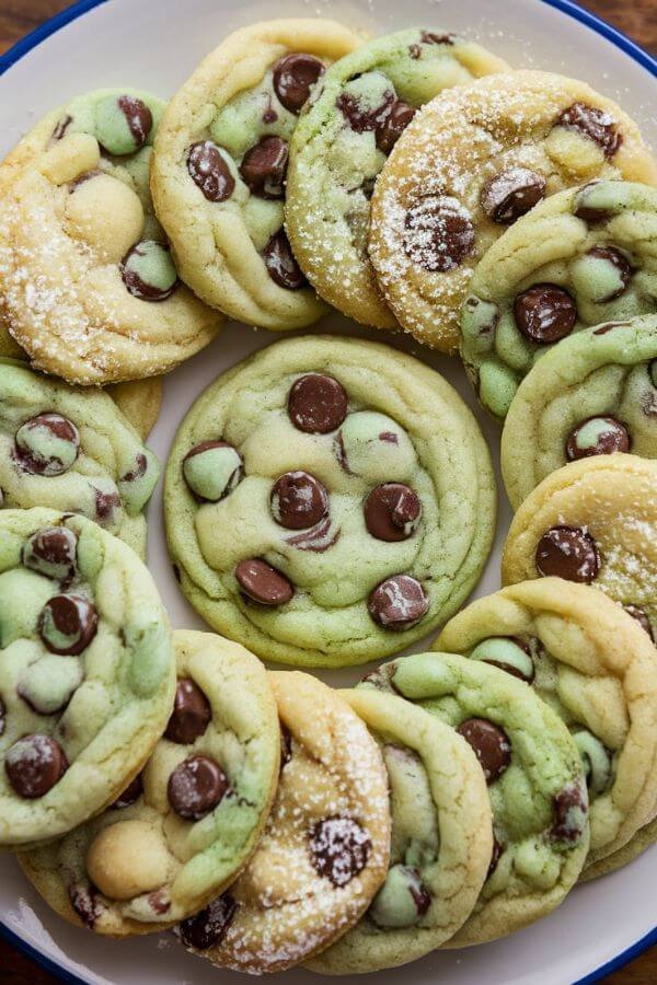 A batch of freshly baked vegan mint chocolate chip cookies arranged on a white wooden tray, with a few chocolate chips and mint leaves scattered around for decoration. Warm lighting emphasizes the cookies' golden edges and melty chocolate.