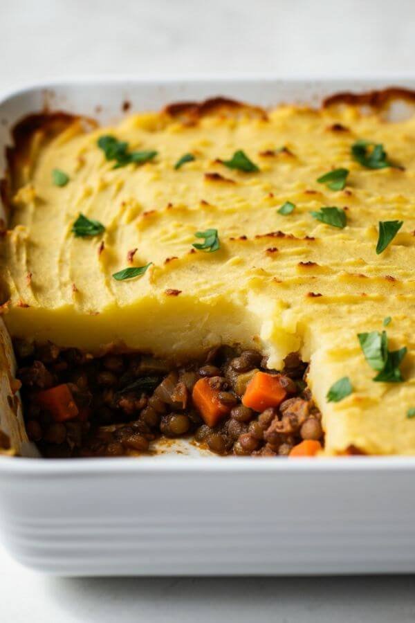 A golden-brown Vegan Shepherd’s Pie in a white casserole dish, with fluffy mashed potatoes on top and a rich lentil-vegetable filling peeking through. Garnished with fresh parsley, sitting on a white table.