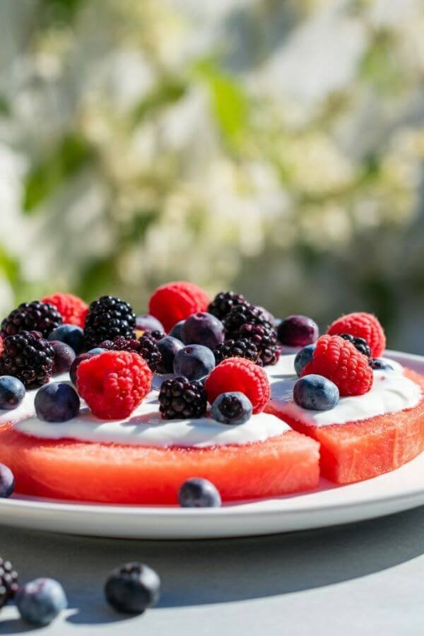 A vibrant watermelon pizza with a yogurt "sauce" topped with colorful fresh berries, sliced into neat wedges. Photographed on a clean white plate with a summertime vibe.