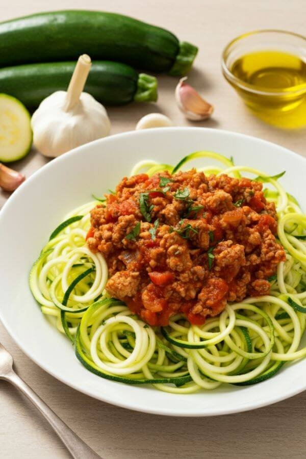 A vibrant and appetizing dish of zucchini noodles topped with rich turkey Bolognese sauce, served in a white bowl on a ligt wooden table. The zucchini noodles are lightly sautéed and maintain a fresh green color, while the turkey Bolognese is hearty and saucy with visible chunks of turkey and tomatoes. Garnish with a sprinkle of Italian herbs, and include a fork resting on the side of the bowl. Surround the dish with raw zucchini, garlic cloves, an onion, olive oil, and a small bowl of Italian herbs to highlight the fresh ingredients used. Natural lighting enhances the textures and colors, creating a warm and inviting mood.