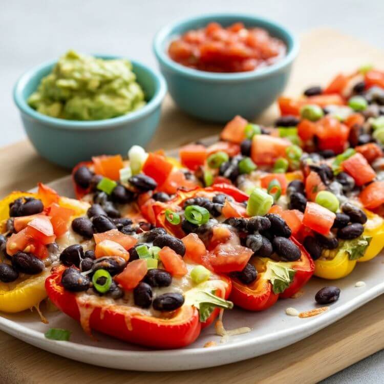 A vibrant and colorful plate of bell pepper nachos arranged on a light wooden board. Crispy baked bell pepper slices topped with melted cheese, black beans, tomatoes, and green onions, garnished with a side of guacamole and salsa in small bowls.