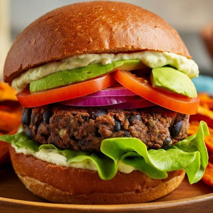 A close-up of a golden-brown black bean burger on a toasted bun, topped with fresh lettuce, tomato slices, and creamy avocado, served on a rustic wooden plate with a side of sweet potato fries.