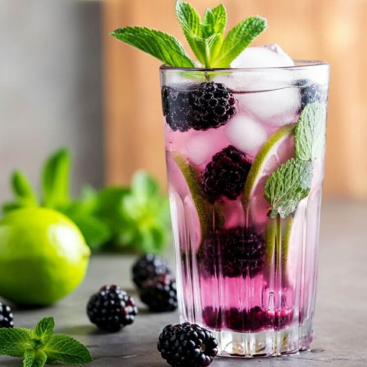 A vibrant, tall glass filled with a deep purple mojito, garnished with fresh whole blackberries, a sprig of mint, and a lime slice. The drink is surrounded by scattered mint leaves, blackberries, and a light wooden backdrop.