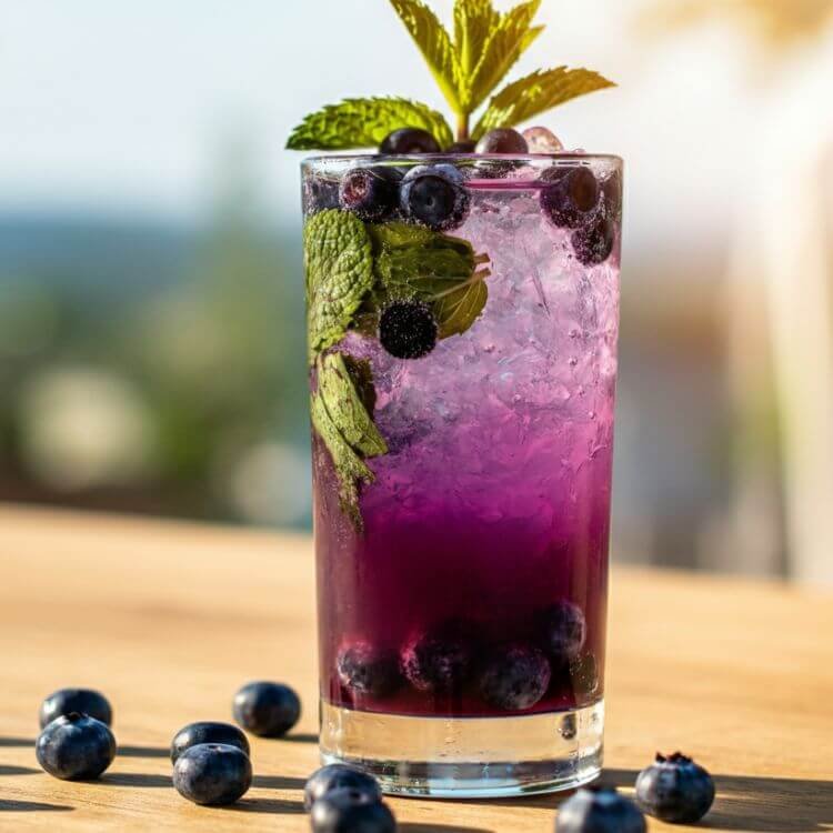 A vibrant glass of blueberry mojito with a deep purple hue, garnished with fresh mint leaves, whole blueberries, and a lime wedge, served with crushed ice in a tall, clear glass.