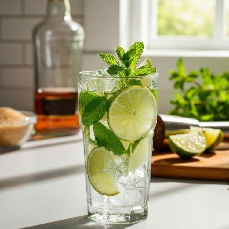 A bright and inviting scene showcasing a classic mojito. The drink is in a tall glass, filled with ice, vibrant green mint leaves, lime wedges, and topped with bubbly club soda.