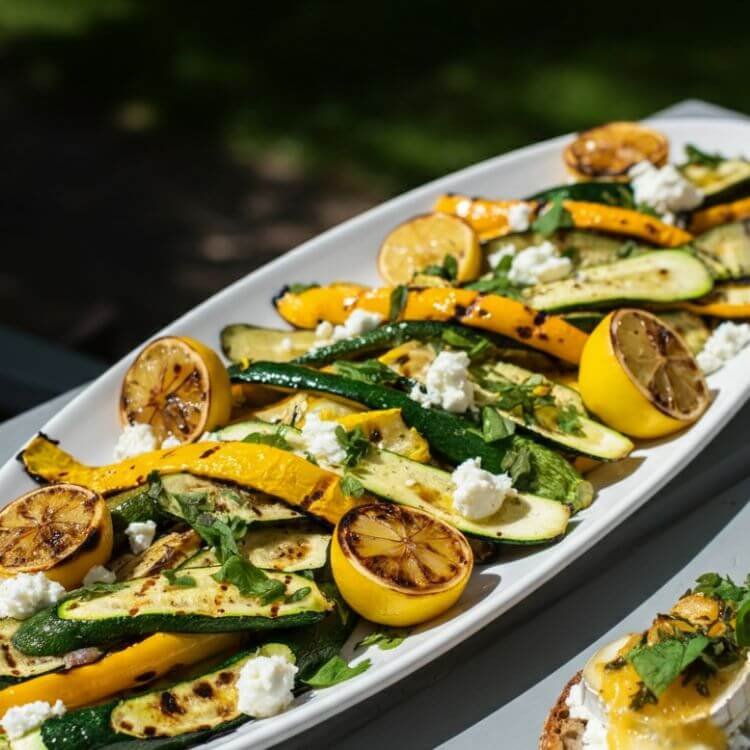 A long white plate filled with charred zucchini, yellow squash, and pattypan slices, garnished with fresh herbs and crumbled feta. Grilled lemon halves rest on the side, with a slice of crusty bread topped with goat cheese and squash adding a pop of color. The background shows a sunny outdoor picnic setting.