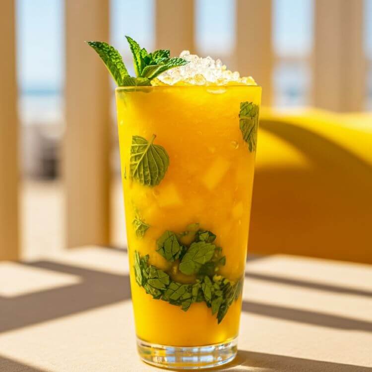 A vibrant tropical yellow cocktail in a tall glass, filled with crushed ice, bright mashed mango, and fresh mint leaves, garnished with a lime wedge. The background shows a sunny patio or beach vibe.