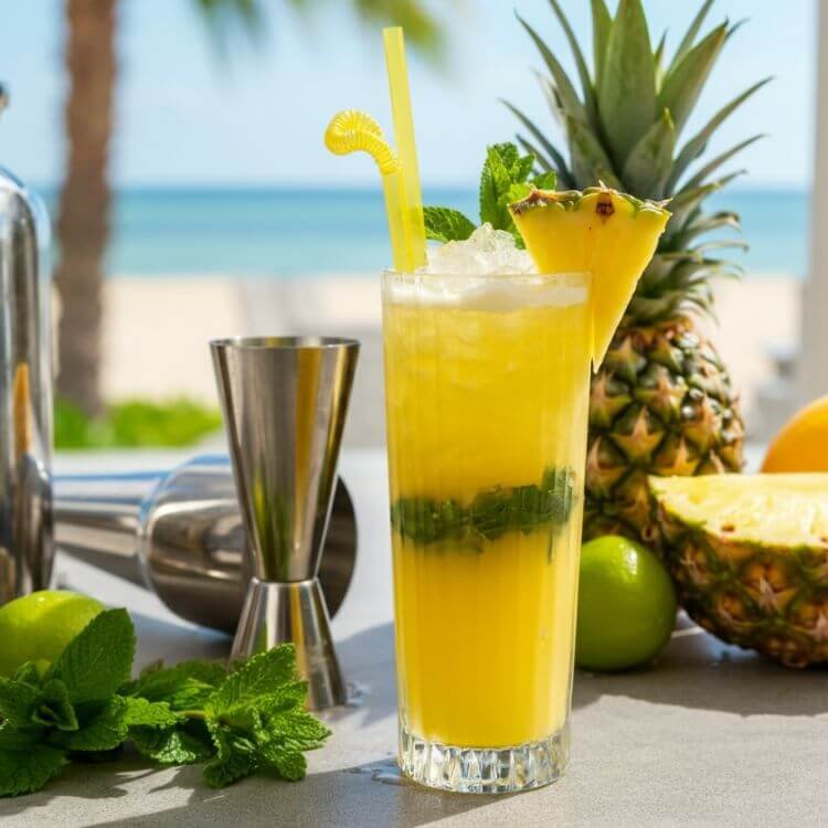 A vibrant Pineapple Mojito in a tall glass, garnished with a pineapple wedge and fresh mint leave. The drink is filled with crushed ice, with a lime wedge on the rim and a colorful straw for a fun, summery vibe. Background: a sunny patio or tropical beach setting.