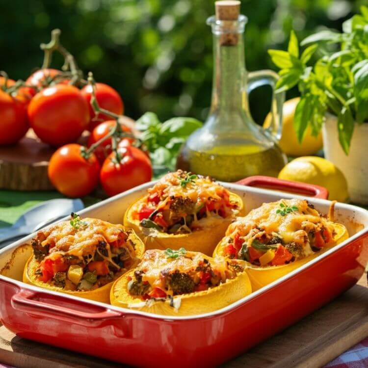 A vibrant, rustic dish of stuffed squash halves arranged in a baking dish. The dish features halved zucchini and pattypan squash filled with a colorful mixture of quinoa, sautéed vegetables like bell peppers and mushrooms, and melted cheese, sprinkled with fresh herbs. The squash shells are lightly golden and perfectly tender, with the filling bubbling slightly.