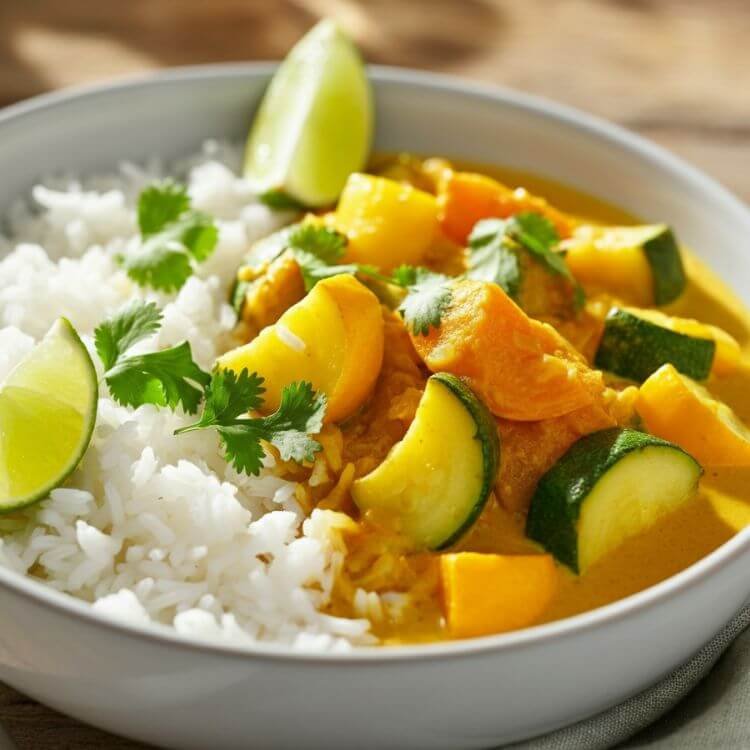 A vibrant bowl of creamy curry with chunks of zucchini and yellow squash, served over white rice. Topped with a sprinkle of fresh cilantro and lime wedges on the side. Warm, golden lighting highlights the rich colors of the dish.