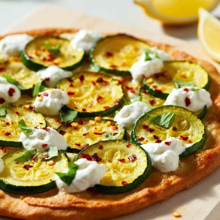 A golden, bubbly pizza resting on a light wooden board. The thin slices of summer squash are lightly caramelized, scattered with fresh herbs, bright red pepper flakes, and creamy dollops of ricotta. A juicy lemon wedge sits nearby, adding a pop of color to the scene. Perfectly inviting and summer-fresh!