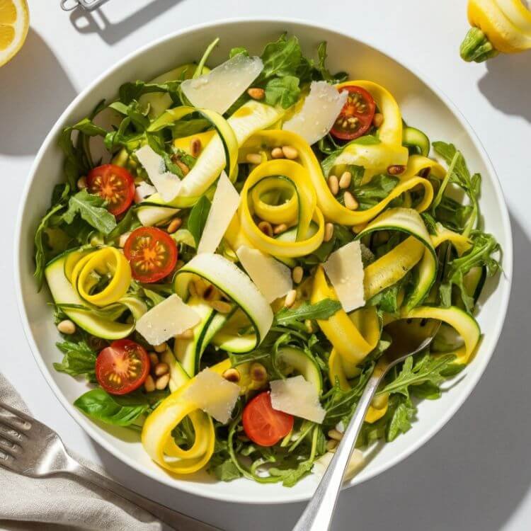 A colorful, overhead shot of a white salad bowl filled with vibrant ribbons of zucchini and yellow squash, fresh arugula, bright cherry tomatoes, and golden toasted pine nuts. The salad is lightly drizzled with lemon vinaigrette and garnished with parmesan shavings and fresh basil leaves, set on a sunlit table with a lemon wedge and peeler nearby.