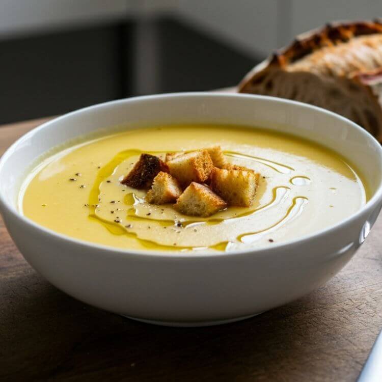 A steaming bowl of silky, golden soup topped with a drizzle of olive oil, a sprinkle of cracked black pepper, and a few croutons. Place the bowl on a rustic wooden table alongside a loaf of crusty bread and a spoon. Bright natural light highlights the vibrant color of the soup.
